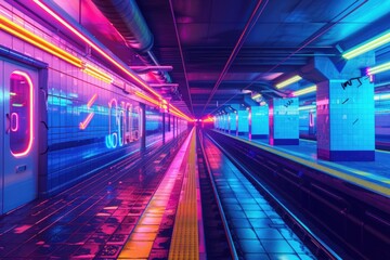 Poster - A busy subway station with a train passing by. Suitable for transportation concepts