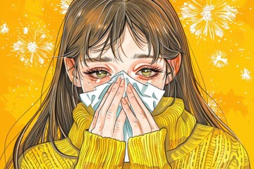 Poster - A girl in a yellow sweater using tissue to cover her face. Suitable for medical or emotional concepts