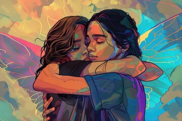 Poster - A heartwarming painting of two people embracing. Perfect for illustrating love and friendship