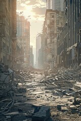 Poster - A cityscape filled with rubble and debris. Perfect for illustrating urban decay and destruction