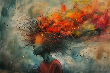 Poster - Abstract painting of a person with fire in their hair, perfect for dramatic and intense design projects