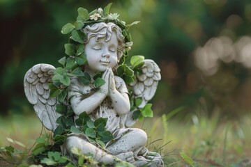 Poster - A serene angel statue sitting peacefully in the grass. Suitable for religious or memorial themes