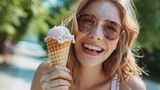Fototapeta  - Happy woman eating ice cream waffle cone outside