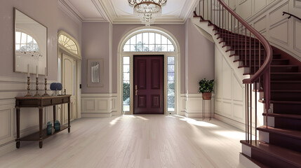 Wall Mural - Sophisticated entrance with a rich burgundy staircase broad front door and pale hardwood floors stretching to a vaulted ceiling Luxurious inviting design