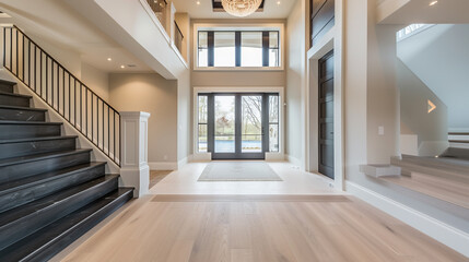 Wall Mural - Sophisticated home entry with an onyx black staircase broad front door and pale hardwood floors leading to a high airy ceiling Sleek luxurious feel
