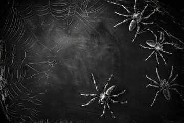 Canvas Print - A group of spiders sitting on top of a spider web. Suitable for Halloween or nature themes