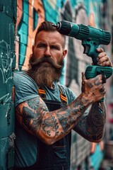 Poster - A man with a beard holding a drill. Suitable for construction or DIY projects