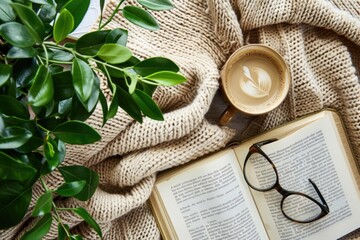 Poster - An open book and a cup of coffee on a cozy blanket. Perfect for coffee shop or reading themed designs