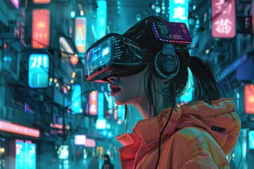 Poster - A woman experiencing virtual reality in an urban setting. Great for technology and futuristic concepts