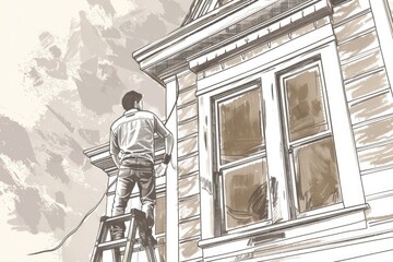 Poster - Man on ladder painting a window, useful for DIY projects