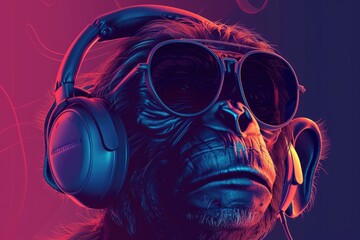 Aufkleber - A monkey wearing stylish headphones and sunglasses. Perfect for music or summer themed designs
