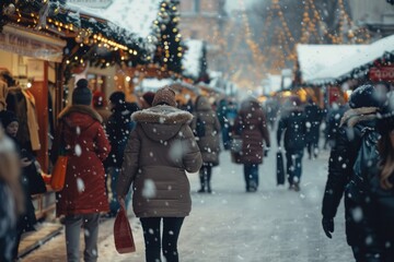 Wall Mural - A crowd of people walking down a snow covered street. Suitable for winter themed designs