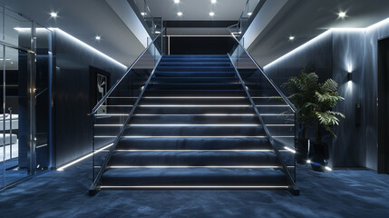 Wall Mural - Stunning luxury home foyer with midnight blue carpeted stairs surrounded by a sleek glass balustrade and minimalist decor LED strip lighting outlines the architectural elements