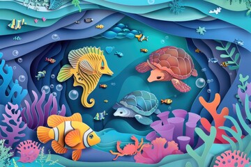 Wall Mural - Sea animals swimming in the ocean. Suitable for educational materials