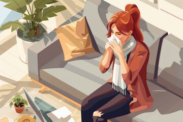 Aufkleber - A woman using laptop on a couch, suitable for technology concepts