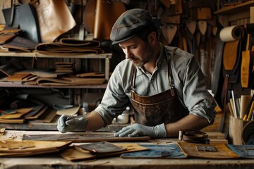 Poster - A man working on a piece of wood in a workshop, suitable for woodworking projects
