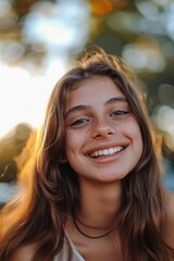 Aufkleber - A young woman with freckles smiling at the camera. Suitable for various projects and designs
