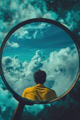 Poster - A man using a magnifying lens to observe the sky. Suitable for scientific and educational purposes