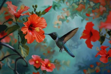 Aufkleber - A beautiful hummingbird flying through a sky filled with colorful flowers. Perfect for nature and wildlife themed designs