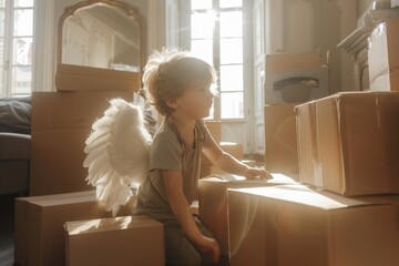 Poster - A little girl sitting on top of a pile of boxes. Suitable for various concepts and designs