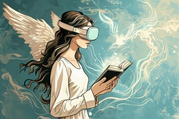 Poster - Woman using virtual reality headset while reading a book. Suitable for technology and education concepts