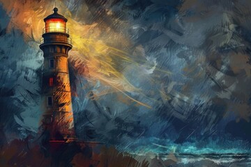 Poster - A dramatic painting of a lighthouse on a stormy day. Suitable for various design projects