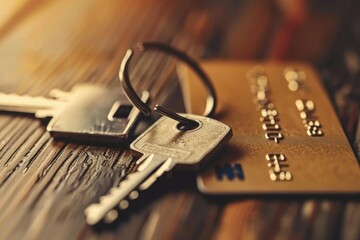Poster - Credit card and keys placed on a table, suitable for finance or security concepts