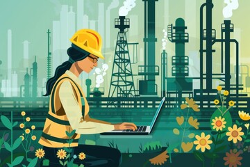 Poster - Woman in hard hat using laptop, suitable for construction industry concepts