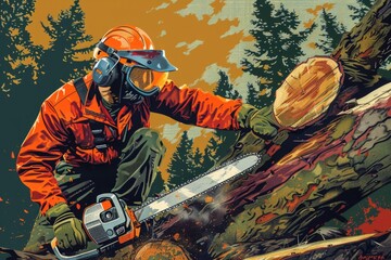 Poster - A man using a chainsaw to cut down a tree. Suitable for forestry or lumber industry concepts