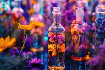 Poster - A bottle filled with flowers on a table, suitable for various uses