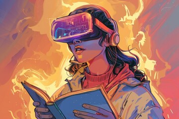 Poster - Woman wearing VR headset while reading book, perfect for technology concept designs