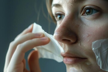 Poster - Woman using tissue to clean her face, suitable for skincare products advertisement