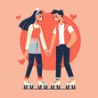 Flat illustration of cartoon couple holding hands and roller skating 