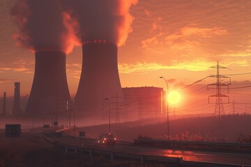 Aufkleber - Sunset behind smoke stacks of nuclear power plant, suitable for environmental and industrial concepts