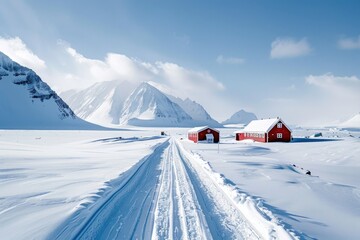 Poster - A picturesque red house in a snow-covered field. Ideal for winter-themed designs