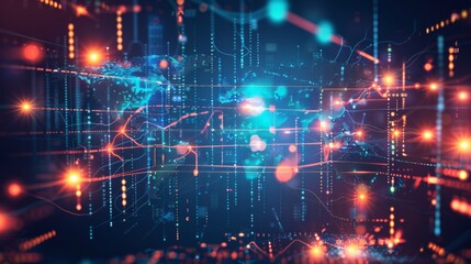 Poster - A pixelated world map with chunky continents, glowing nodes representing major data hubs, pulsating beams of light as network traffic