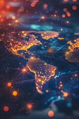 Poster - A pixelated world map with chunky continents, glowing nodes representing major data hubs, pulsating beams of light as network traffic