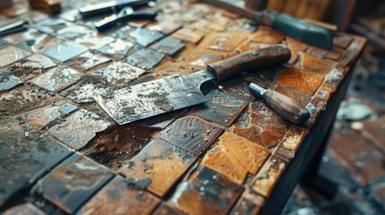 Poster - A knife surrounded by various tools on a table. Can be used for DIY projects or kitchen themes