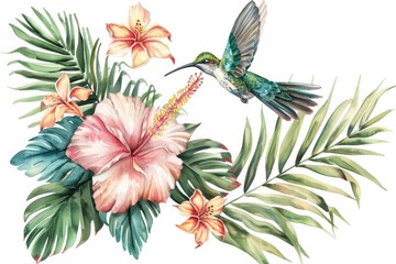 Naklejka na meble Beautiful watercolor painting of a hummingbird surrounded by colorful flowers. Perfect for nature lovers and art enthusiasts