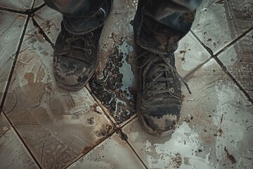 A person standing on a tiled floor with dirty shoes. Suitable for illustrating cleanliness or hygiene concepts