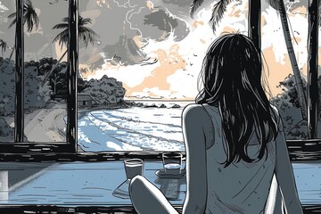 Poster - Woman sitting by window overlooking ocean, perfect for travel brochures