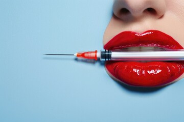 Poster - Close up of a person with a pair of scissors in their mouth. Suitable for various creative projects