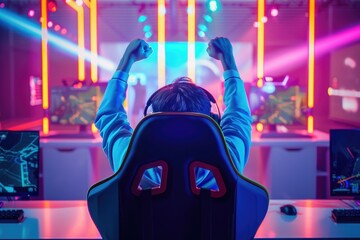Poster - A man sitting at a desk with his arms raised. Suitable for business or success concepts