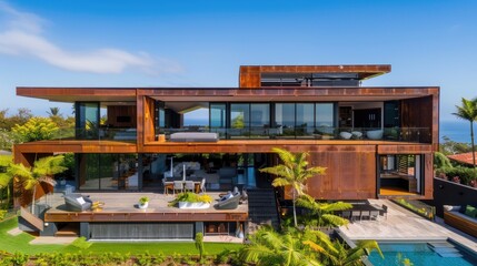 Poster - A large modern home with a pool in front of it. Perfect for real estate or vacation rental promotions