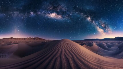 A vast desert landscape, wind-sculpted sand dunes stretching to the horizon under a starlit night sky