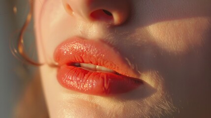 Poster - Close up of a woman's lips with a bold red lip color. Ideal for beauty and makeup concepts