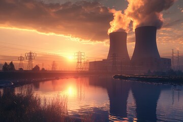 Poster - The sun is setting behind the cooling towers, perfect for industrial concepts