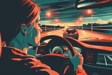 Canvas Print - A woman driving a car on a highway at night. Suitable for transportation concepts