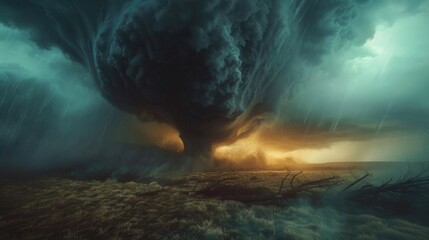 Poster - A large tornado cloud descending over a field. Suitable for weather or natural disaster concepts.