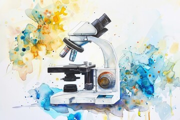 Aufkleber - A watercolor painting of a microscope on a table. Perfect for science and education concepts